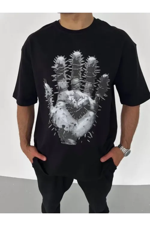 Unisex Bisiklet Yaka Baskılı Oversize T-Shirt - Siyah