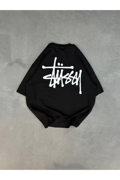 Unisex Bisiklet Yaka Baskılı Oversize T-Shirt - Siyah