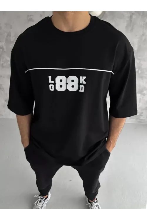 Unisex Bisiklet Yaka Baskılı Oversize T-Shirt - Siyah