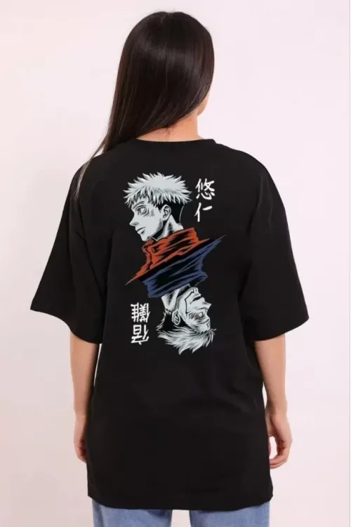 Unisex Bisiklet Yaka Baskılı Oversize T-Shirt - Siyah