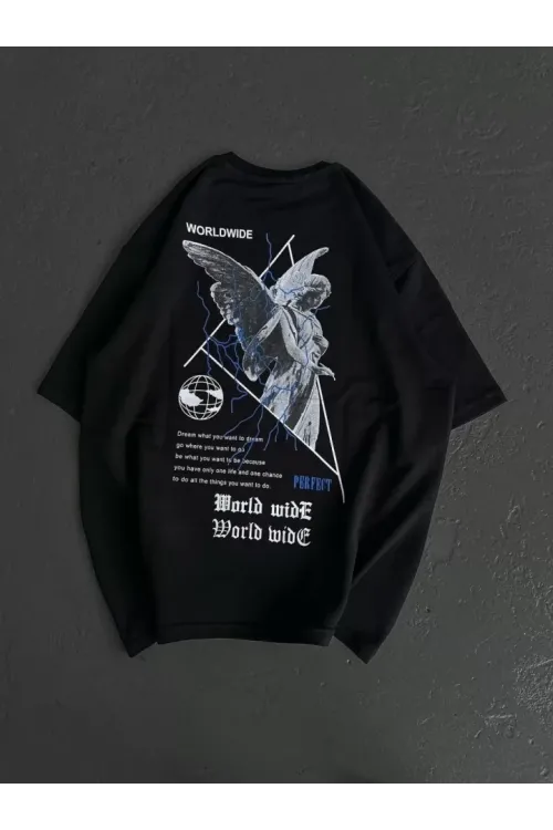 Unisex Bisiklet Yaka Baskılı Oversize T-Shirt - Siyah