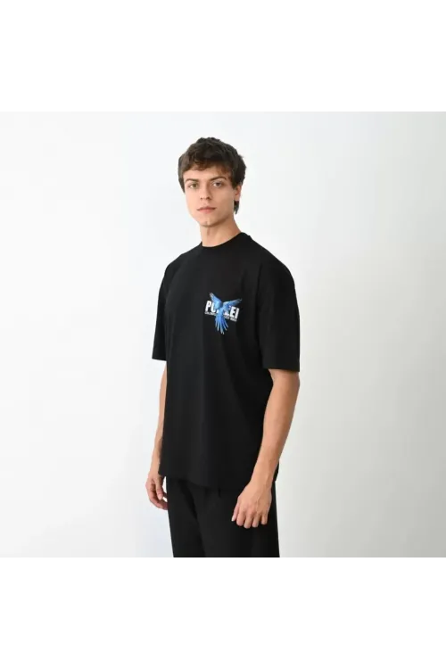 Unisex Bisiklet Yaka Baskılı Oversize T-Shirt - Siyah