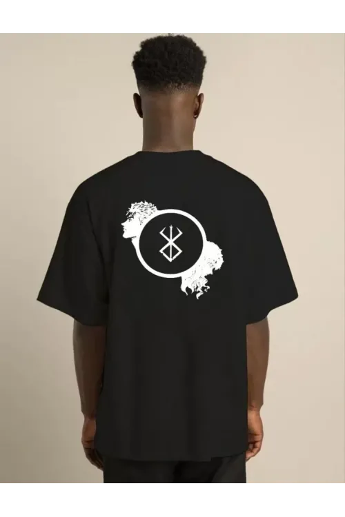 Unisex Bisiklet Yaka Baskılı Oversize T-Shirt - Siyah