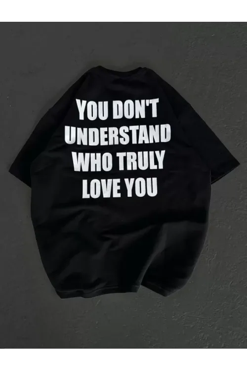 Unisex Bisiklet Yaka Baskılı Oversize T-Shirt - Siyah