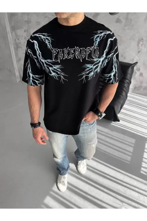 Unisex Bisiklet Yaka Baskılı Oversize T-Shirt-Siyah