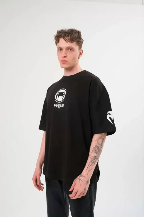 Unisex Bisiklet Yaka Baskılı Oversize T-Shirt - Siyah