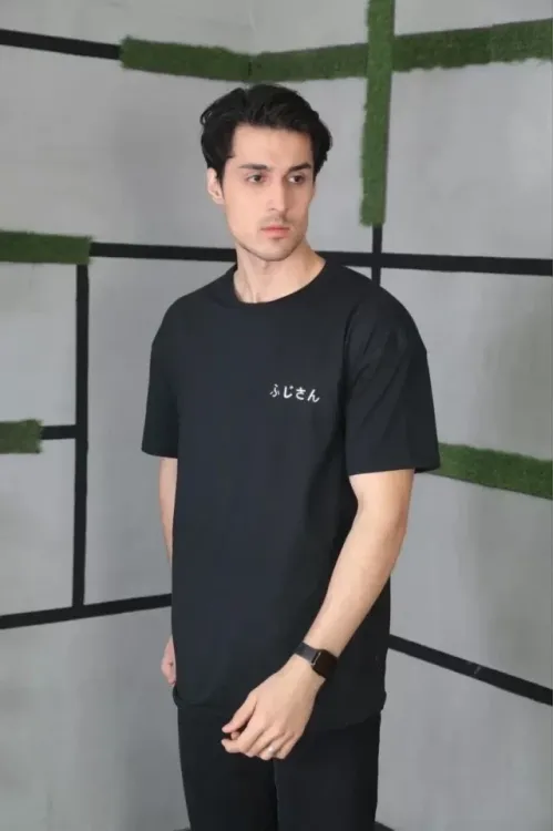 Unisex Bisiklet Yaka Baskılı Oversize T-Shirt - Siyah