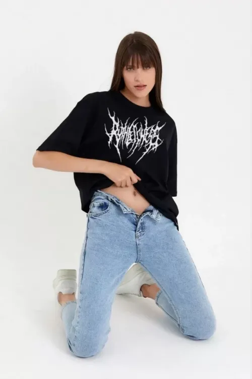 Unisex Bisiklet Yaka Baskılı Oversize T-Shirt - Siyah