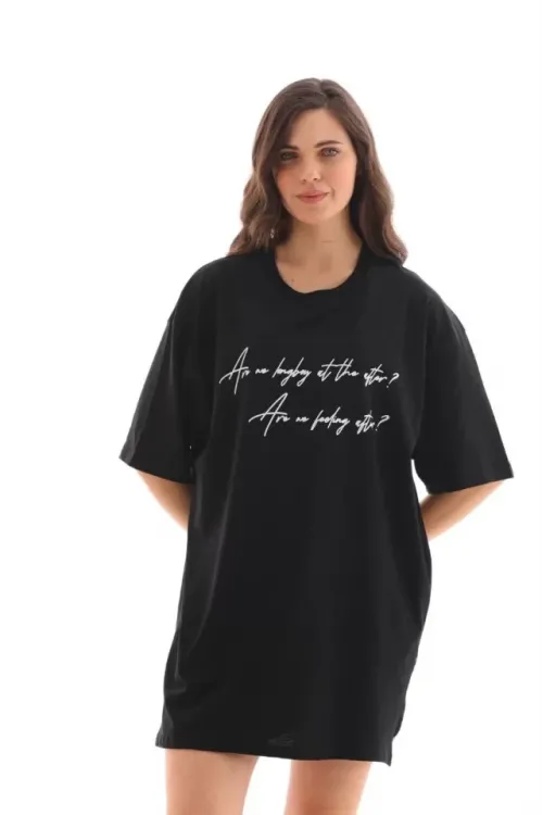 Unisex Bisiklet Yaka Baskılı Oversize T-Shirt - Siyah