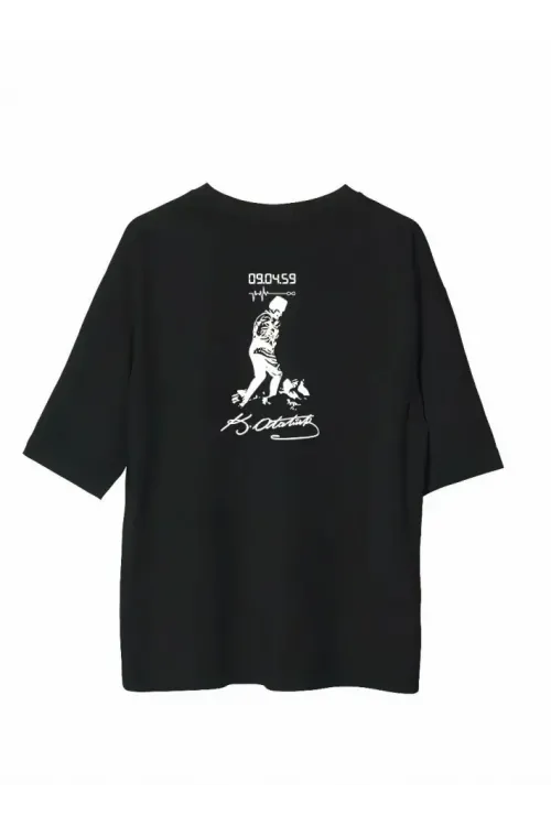 Unisex Bisiklet Yaka Baskılı Oversize T-Shirt - Siyah