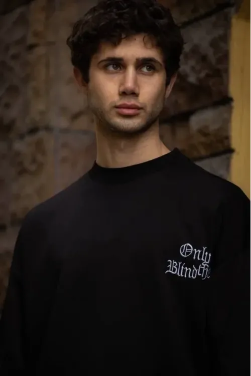 Unisex Bisiklet Yaka Baskılı Oversize T-Shirt - Siyah