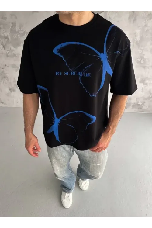 Unisex Bisiklet Yaka Baskılı Oversize T-Shirt - Siyah