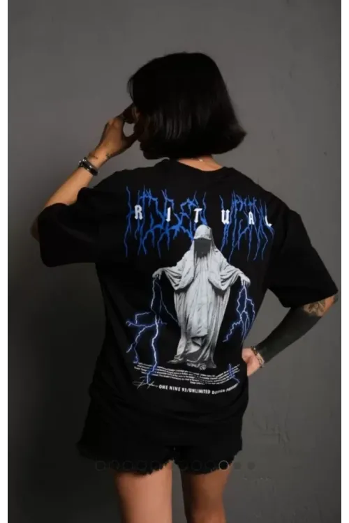 Unisex Bisiklet Yaka Baskılı Oversize T-Shirt - Siyah