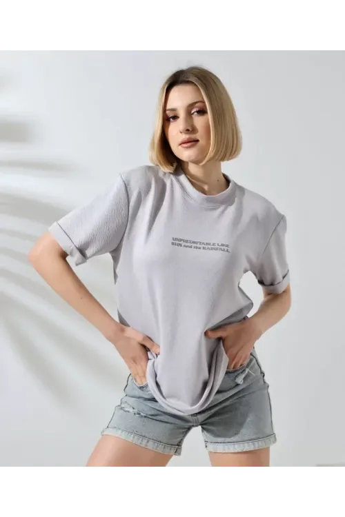 Unisex Bisiklet Yaka Baskılı Slim Fit T-Shirt - Boyalı Gri