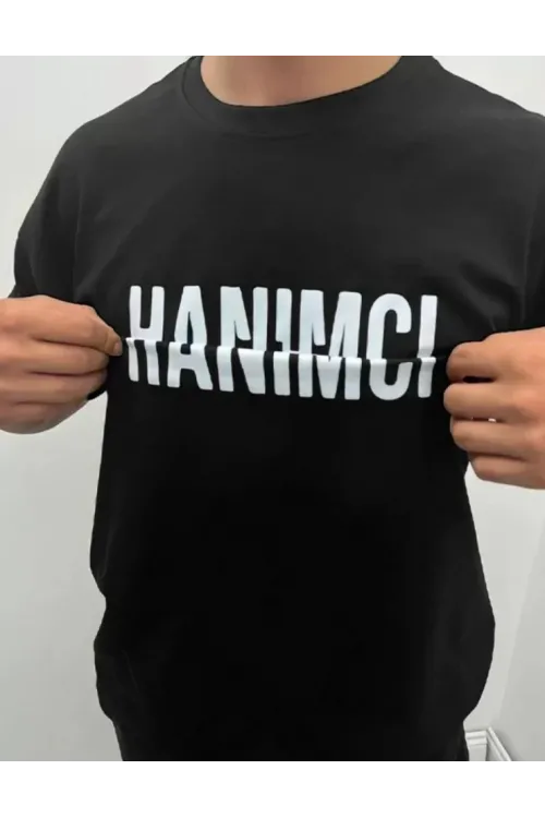 Unisex Bisiklet Yaka Katlanan Baskılı T-Shirt - Siyah