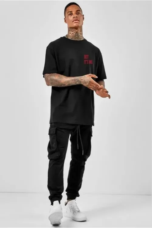 Unisex Bisiklet Yaka Oversize Baskılı T-Shirt - Siyah