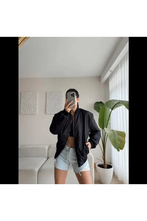 Unisex İçi Astarlı Düz Bomber Ceket - Siyah