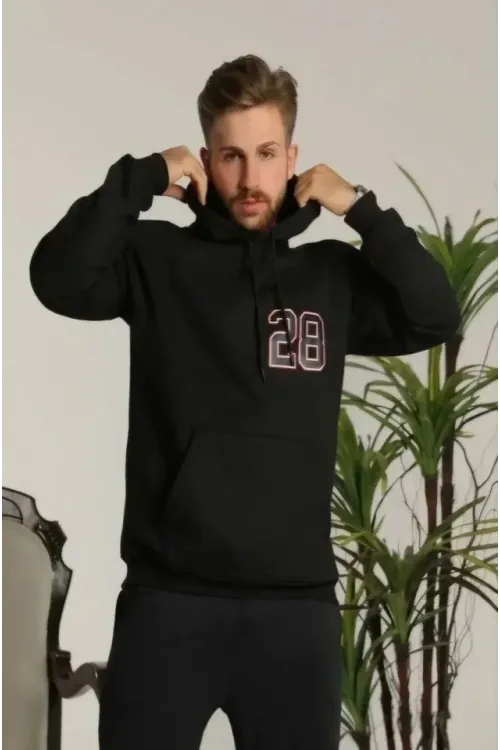 Unisex Kapşonlu Baskılı Sweetshirt - Siyah
