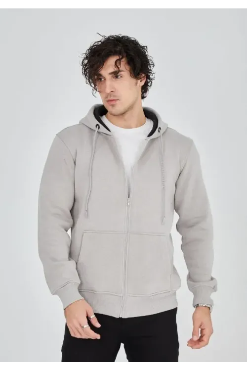 Unisex Tam Fermuarlı Kapşonlu  SweatShirt - Boyalı Gri