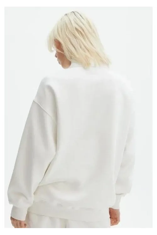 Unisex Uzun Kol Yarım Farmuarlı Yakalı Basic SweatShirt - Beyaz