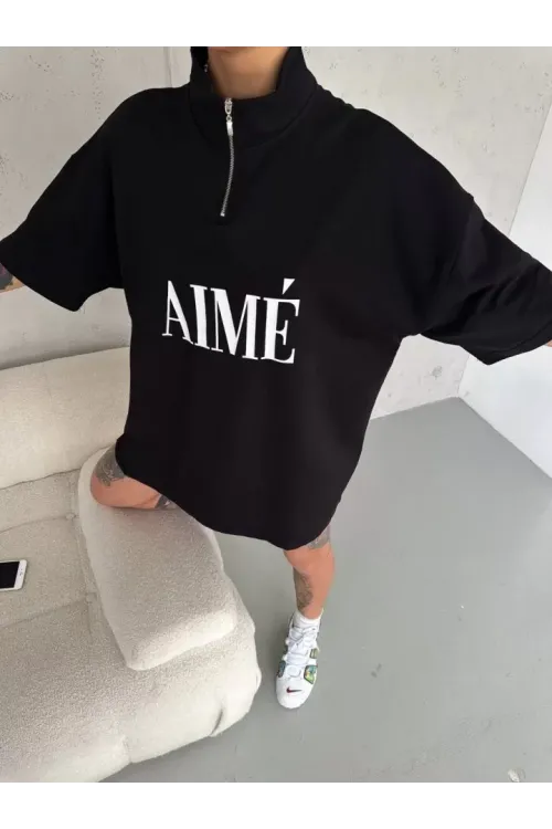 Unisex Yarım Fermuarlı Baskılı T-Shirt - Siyah