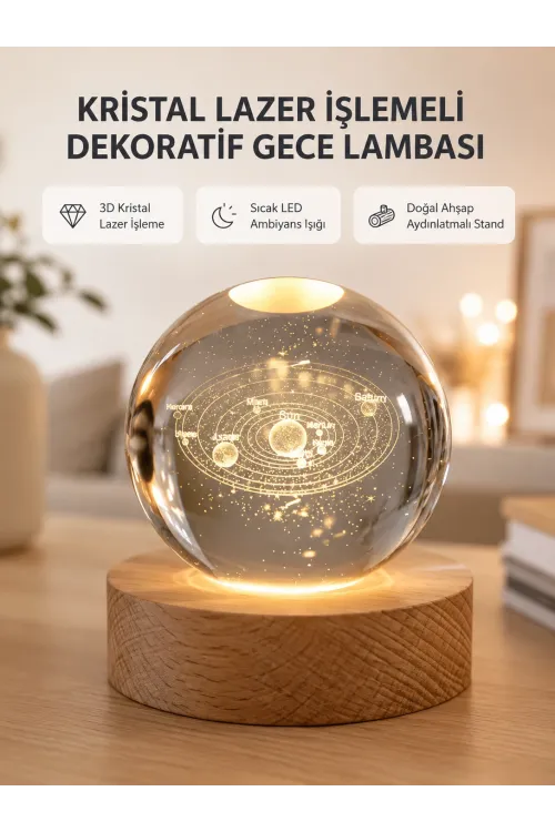 Usb Bağlantılı Işıklı Kristal Küre Modern Ahşap Tabanlı Dekor