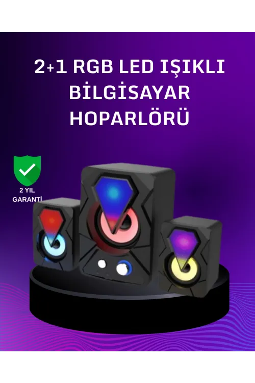 Usb Bağlantılı Rgb 2.1 Hoparlör Seti Derin Bas Ve Renkli Işık