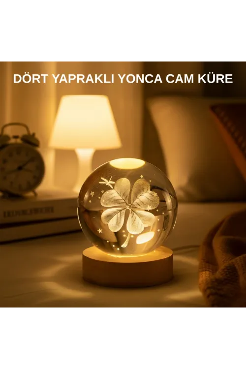 Usb Bağlantılı Yonca Bitkili Cam Küre Ahşap Altlıklı Dekoratif Lamba