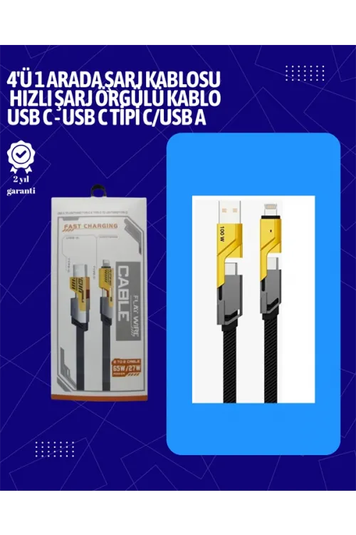 Usb-c Ve Lightning Uyumlu 4ü 1 Arada Kablo – 65w Hızlı Şarj, Örgülü Dayanıklı Yapı