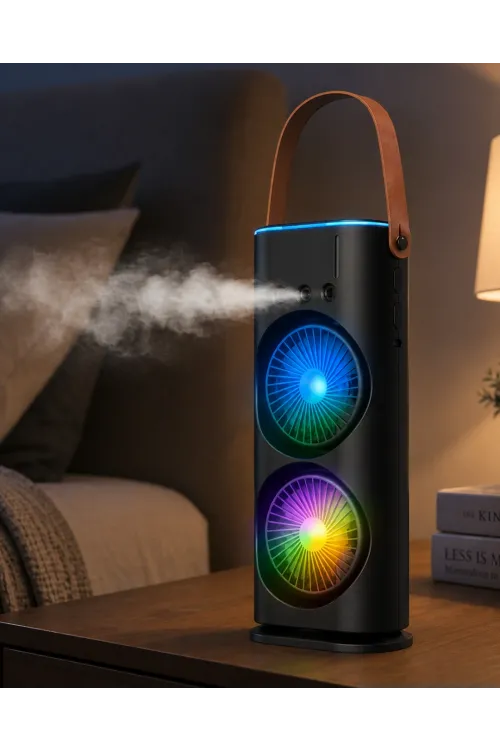 Usb Şarjlı Çift Başlıklı Buharlı Masaüstü Fan Sessiz Serinletici Işıklı Fan