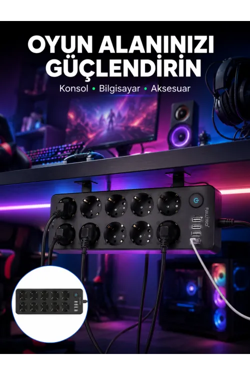 Usb Ve Type-c Çıkışlı 10lu Akım Korumalı Çoklu Priz Güç Dağıtıcı