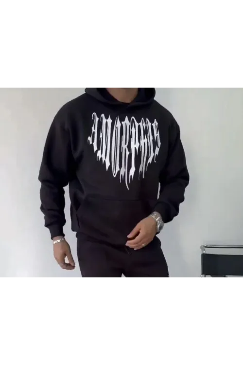 Uzun Kol Kapşonlu Baskılı SweatShirt - Siyah