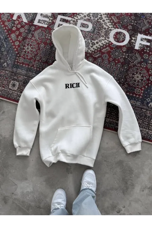 Uzun Kol Kapşonlu Göğüs Baskılı SweatShirt - Beyaz