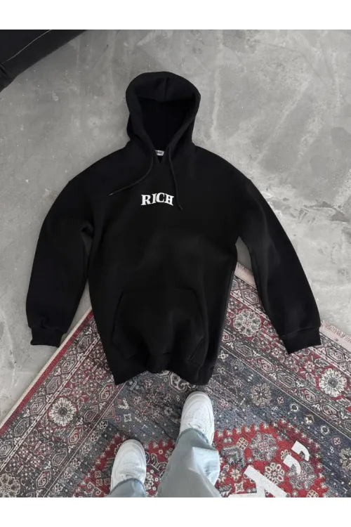 Uzun Kol Kapşonlu Göğüs Baskılı SweatShirt - Siyah
