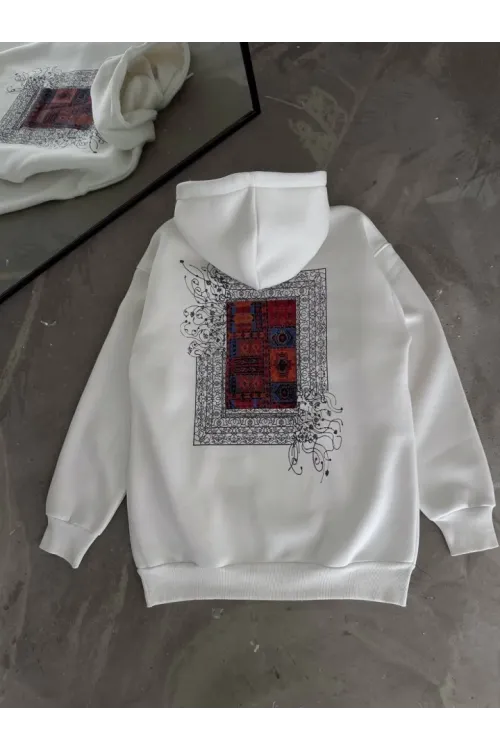 Uzun Kol Kapşonlu Ön Ve Arka Baskılı SweatShirt - Beyaz