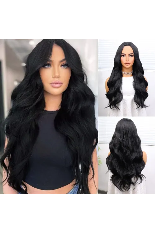 Uzun Siyah Su Dalgalı Fiber Sentetik Tül Peruk