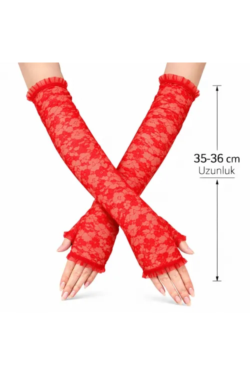 Uzun Zarif Dantel Eldiven Parmaksız Kırmızı 35 cm