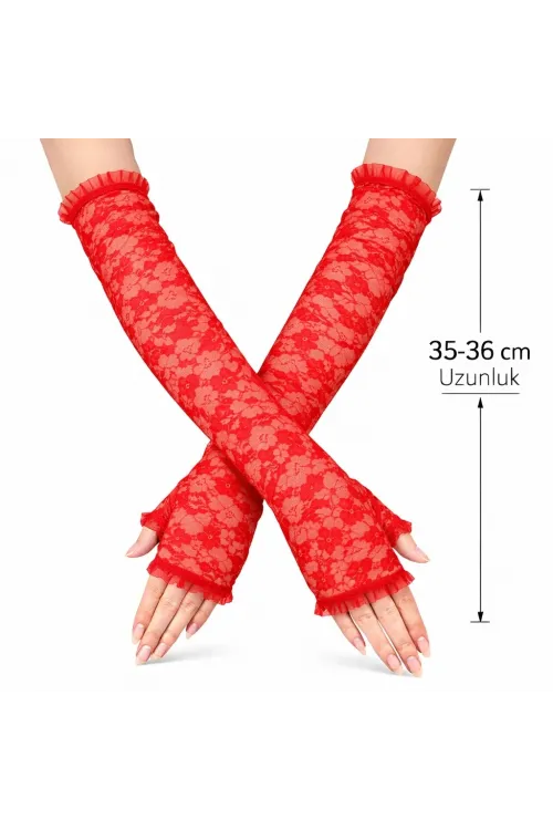 Uzun Zarif Dantel Eldiven Parmaksız Kırmızı 35 Cm