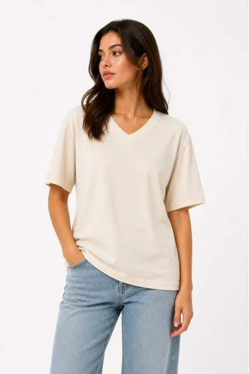 V Yaka Basic Tişört Kısa Kol Yazlık Regular Fit T-Shirt - Bej
