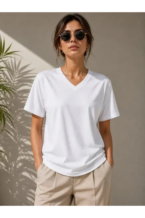 V Yaka Basic Tişört Kısa Kol Yazlık Regular Fit T-Shirt - Beyaz