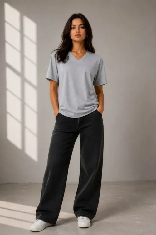 V Yaka Basic Tişört Kısa Kol Yazlık Regular Fit T-Shirt - Gri