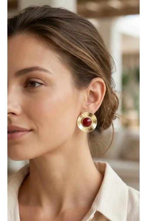 Vintage Model Bordo Gold Renk Pirinç Kadın Küpe