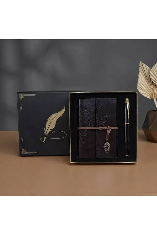 Vip Kutulu Deri Yaprak Desenli Defter Ve Metal Roller Kalem Seti