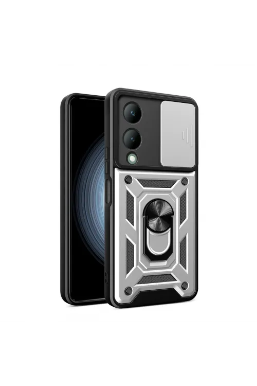 Vivo Y17s Kılıf Pars Lens Yüzüklü Silikon - Gümüş