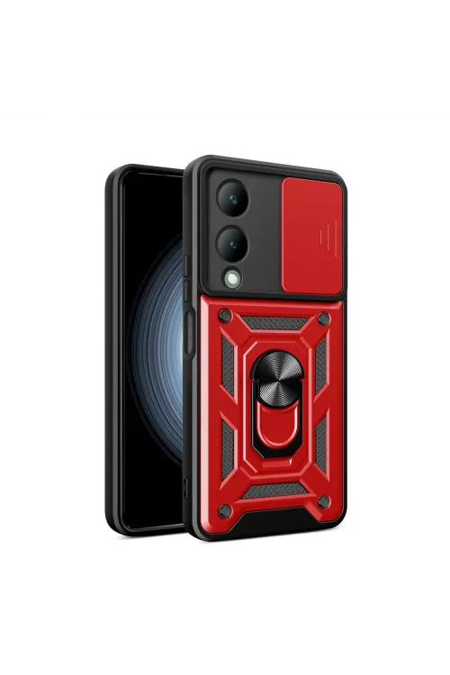 Vivo Y17s Kılıf Pars Lens Yüzüklü Silikon - Kırmızı