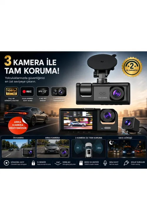 Wifi Destekli 1080p 3 Kameralı Araç İçi Kamera Lcd Ekranlı Gece Görüşlü G Sensörlü