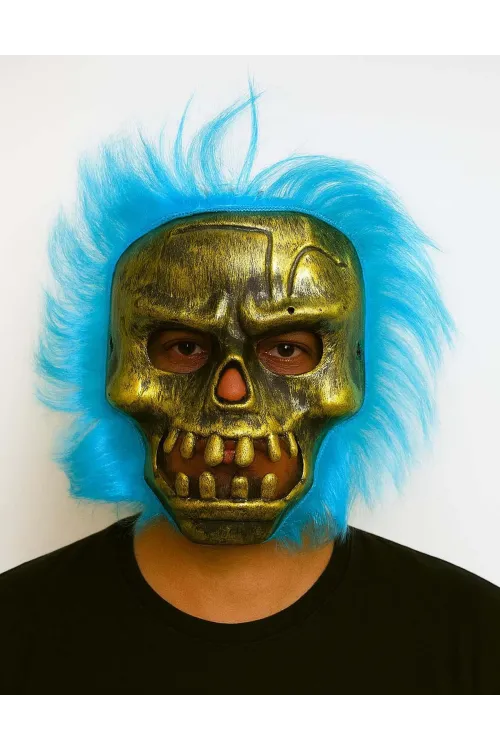Wild Skull - Bakır Kafatası Turkuaz Saçlı İskelet Maske