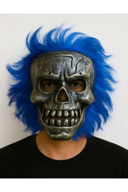 Wild Skull - Gümüş Kafatası Mavi Saçlı İskelet Maske