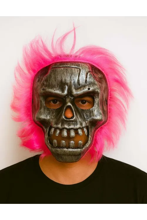 Wild Skull - Gümüş Kafatası Pembe Saçlı İskelet Maske