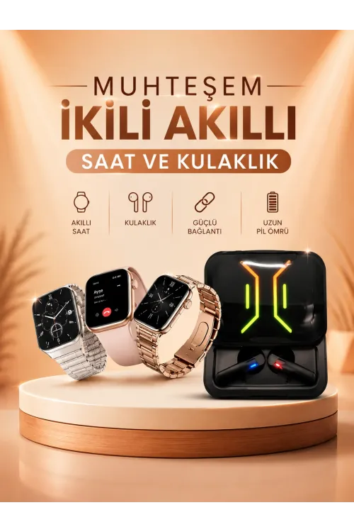 Wireless Şarjlı Akıllı Saat Ve Dijital Göstergeli Kablosuz Bluetooth Kulaklık Nabız Ölçer